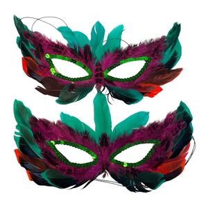 Purple / Green 2 Feather‎ Masquerade Ball Mardi Gras Halloween Mask Costume A18G